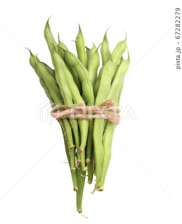 bunch of green beans tied with rope on white 67282279