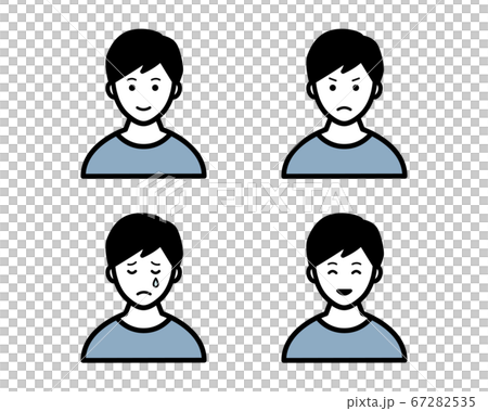 男性の喜怒哀楽のアイコンのセット 笑顔 怒り 泣く 喜ぶのイラスト素材