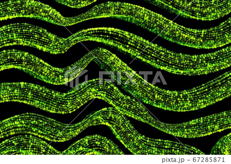 Abstract Background full of glowing green wavy lines composed of particles flying on a black space. Overlay layer for your design 67285871