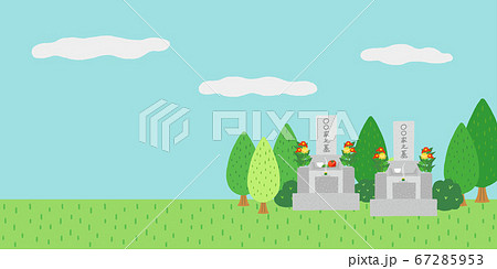 山沿いにあるお墓二つ 青空と草むらのイラスト素材