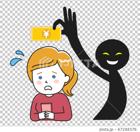 スマホ・ネットでの詐欺被害でお金をとられる女性 イラスト スマホ・ネットでの詐欺被害でお金をとられる女性 イラスト 67288376