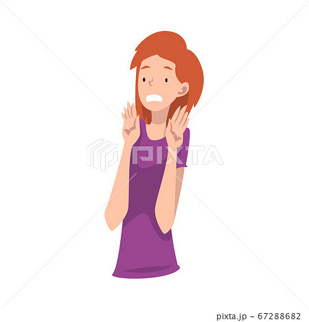 Young girl in a purple shirt refuses something. Vector illustration. 67288682