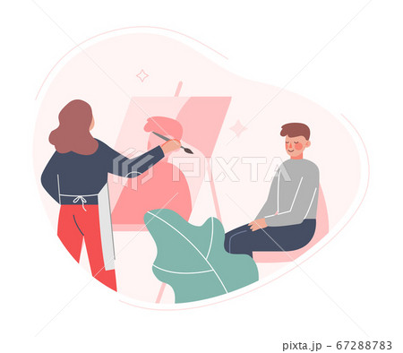Young Woman Painting Portrait of Man Sitting in Front of Easel. Creative Hobby, Art Flat Style Vector Illustration 67288783
