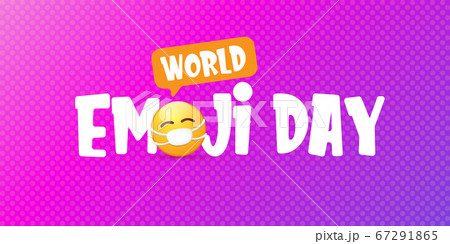 World emoji day greeting horizontal banner with smile face Emoji sticker with mouth medical protection mask isolated on violet background. 67291865