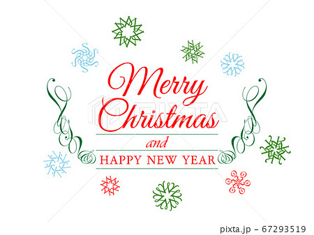 雪の結晶と飾り罫の赤色と緑色のクリスマスロゴ ベクターイラストのクリスマスカードのイラスト素材
