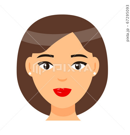 Brown-haired girl with red lips, short bob haircut, face of young pretty woman with light makeup 67295093