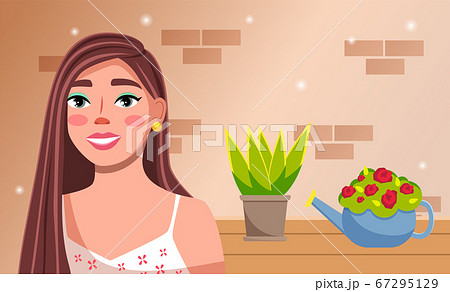 Young pretty girl is standing near a table with home plants in flower pots against a brick wall 67295129