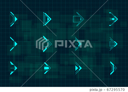 Set of futuristic HUD blue arrows. Cyberpunk arrows design for flyer, banner, cover, card, web and for game UI design. Digital hi-tech style pointers. Vector Set of futuristic HUD blue arrows. Cyberpunk arrows design for flyer, banner, cover, card, web and for game UI design. Digital hi-tech style pointers. Vector 67295570