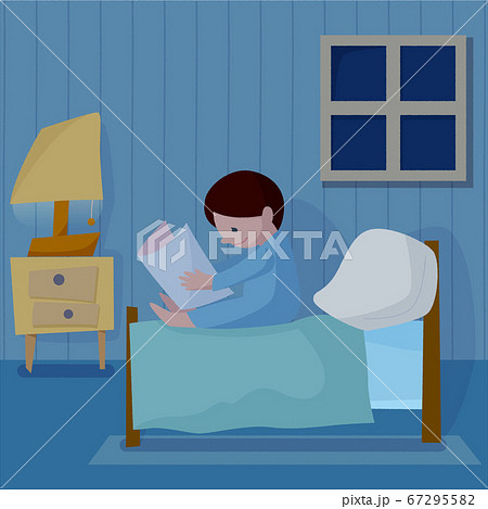 寝る前にベッドルームで本を読む子供のイラスト素材