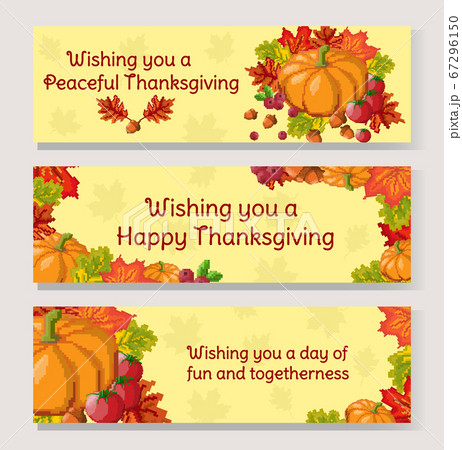 Thanksgiving Day banner set. Pixel art autumn composition with foliage and vegetables Thanksgiving Day banner set. Pixel art autumn composition with foliage and vegetables 67296150