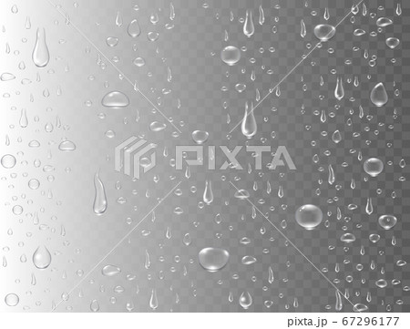 Realistic water drops on transparent background. Rain drops or steam shower. Condensed pure droplets. Clear vapor bubbles on window glass surface. Vector illustration Realistic water drops on transparent background. Rain drops or steam shower. Condensed pure droplets. Clear vapor bubbles on window glass surface. Vector illustration 67296177