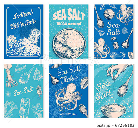 Sea salt posters and banners. Vintage labels. Octopus and squid, wooden spoons, powdered powder Sea salt posters and banners. Vintage labels. Octopus and squid, wooden spoons, powdered powder 67296182