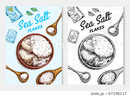 Sea salt posters and banners. Vintage labels. Glass bottles, packaging and and leaves, wooden spoons 67296217