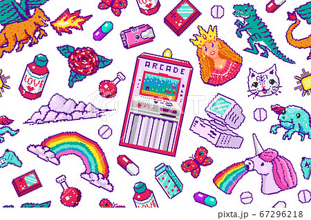 Pixel art 8 bit objects Seamless pattern. Retro digital game assets. Set of Pink fashion icons 67296218