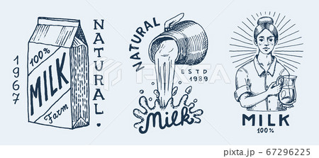 Milk set. Cow and woman farmer, milkmaid and jug, blot and bottles, packaging and meadow, man holds 67296225