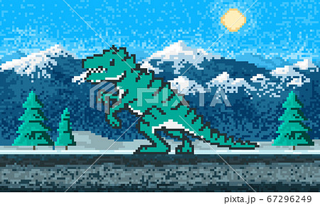 Fire dinosaur and Mountain landscape. Game concept. Pixel art 8 bit objects. Retro digital game Fire dinosaur and Mountain landscape. Game concept. Pixel art 8 bit objects. Retro digital game 67296249