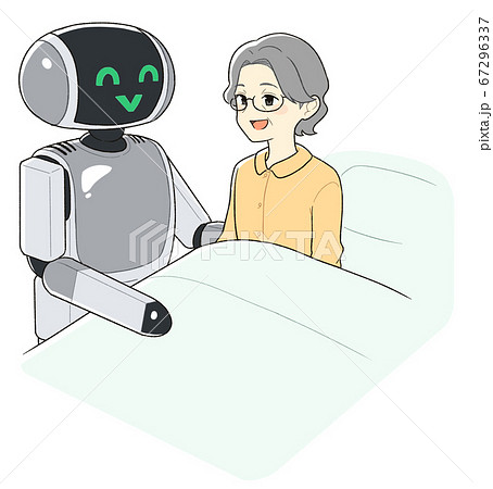 ロボットに介護をしてもらうシニア女性のイラスト素材
