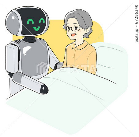 ロボットに介護をしてもらうシニア女性のイラスト素材