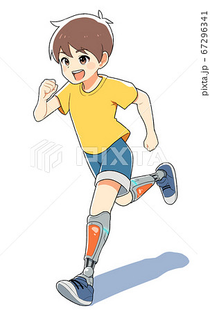 義足で楽しそうに走る少年のイラスト素材