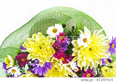 bouquet with chrysanthemums and asters on a white background close-up 67297415