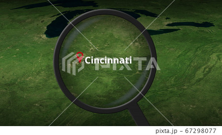 Magnifying glass finds Cincinnati city on the map, 3d rendering 67298077
