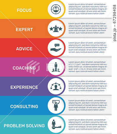 Vector Infographic banner template Consulting. Modern flat color design. Can be used for process diagram, presentations, workflow, banner with CONSULTING icons. 67298408