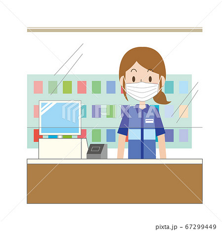 感染防止シートを張ったレジで働く女性店員 67299449
