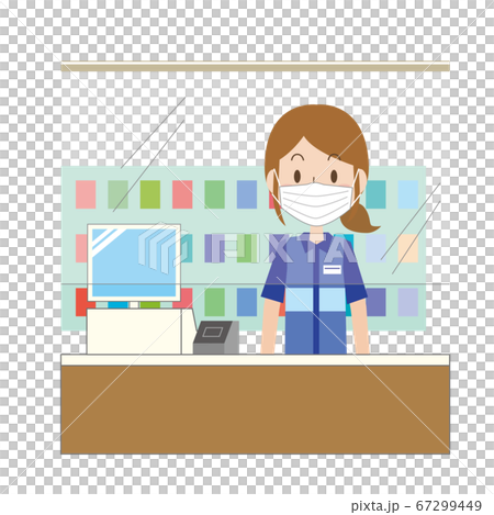 感染防止シートを張ったレジで働く女性店員 67299449