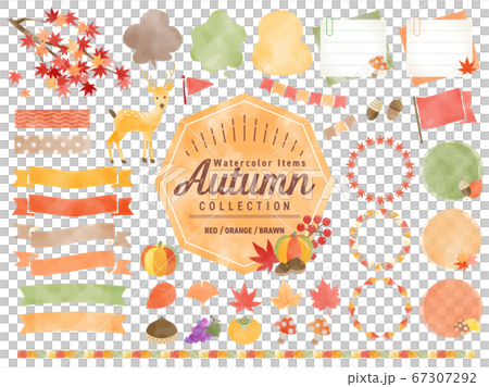 秋色水彩畫框套裝/秋葉，食物/橫幅，講話泡泡 67307292