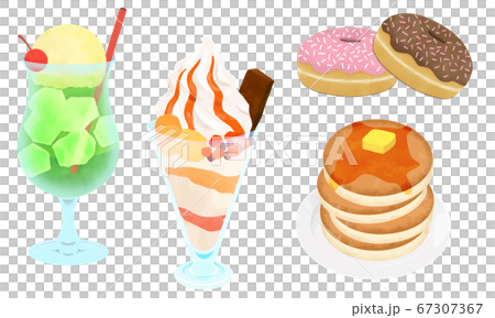 スイーツのイラストのセット（パンケーキ・ドーナツ・パフェ・ソーダフロート） 67307367