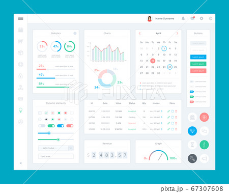 Marketing platform user interface (ui). Flat interface elements set of e-commerce platform. Dashboard admin panel with charts, graphs, calendar and business icon set. UI and UX vector illustration. Marketing platform user interface (ui). Flat interface elements set of e-commerce platform. Dashboard admin panel with charts, graphs, calendar and business icon set. UI and UX vector illustration. 67307608