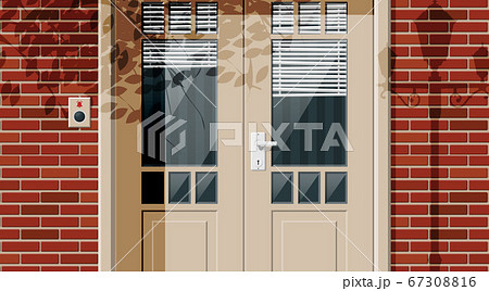 Wooden cottage door with windows and window blind. 67308816