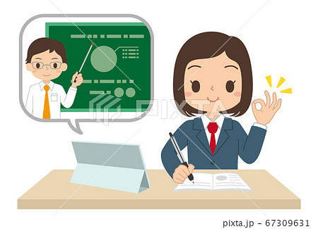 タブレットで勉強する女子学生　オンライン授業　オンライン学習　イラスト 67309631