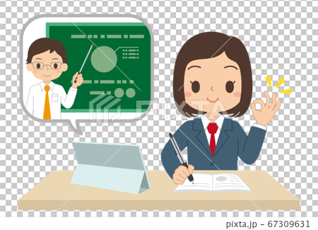 タブレットで勉強する女子学生　オンライン授業　オンライン学習　イラスト 67309631