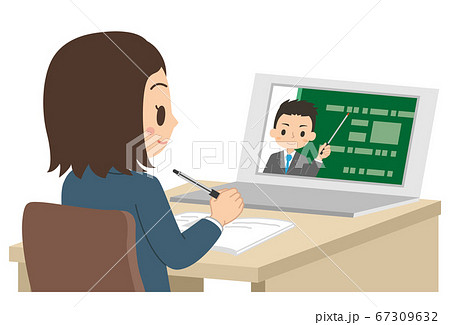 パソコンで勉強する女子学生 オンライン授業 オンライン学習 イラストのイラスト素材