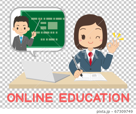 パソコンで勉強する女子学生 オンライン授業 オンライン学習 イラストのイラスト素材