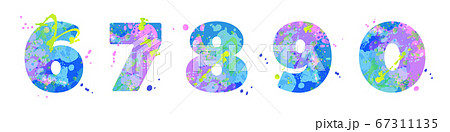Numbers 67890 with effect of liquid spots of paint in blue, green, pink colors 67311135