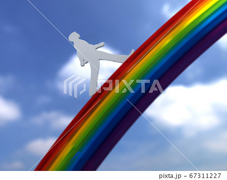 明るい未来に向かって虹の架け橋を渡る男女のシルエット Cgイラストのイラスト素材