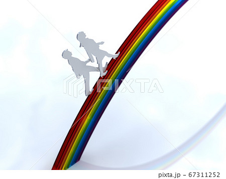 明るい未来に向かって虹の架け橋を渡る男女のシルエット Cgイラストのイラスト素材
