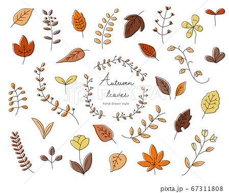 手書きの秋の葉のイラストのセット 紅葉 もみじ 素材 オレンジのイラスト素材