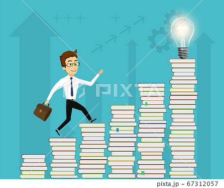 Businessman runs up the stairs made of books. 67312057