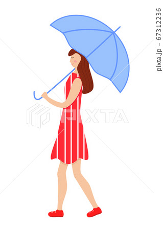 Young stylish girl in a red dress and sneakers under a blue umbrella. Vector illustration. 67312236