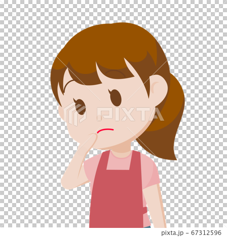 エプロン姿の主婦 キャラクター ポニーテール / 考える ジェスチャー エプロン姿の主婦 キャラクター ポニーテール / 考える ジェスチャー 67312596
