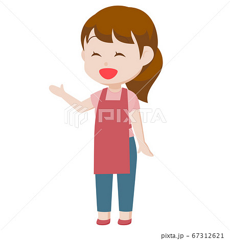 エプロン姿の主婦 キャラクター ポニーテール 笑顔で伝えるジェスチャー カットイラスト 素材のイラスト素材