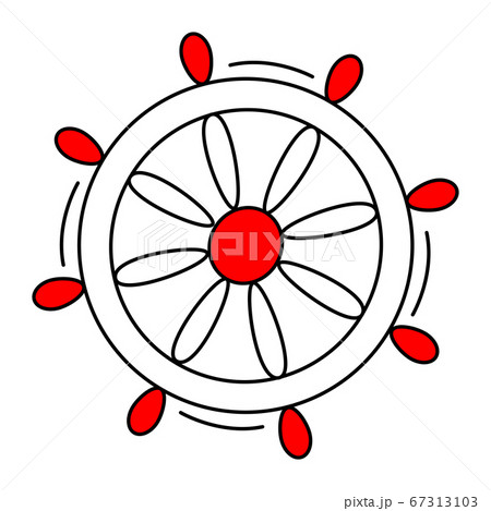 Vector drawing of the ship steering wheel in red and white. The ship rudder is isolated on white. 67313103