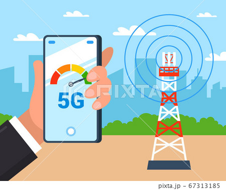 Internet tower distributes 5G Internet. Checking the speed of the Internet on a smartphone. flat vector illustration. 67313185