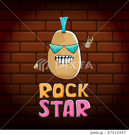 vector funny cartoon cute brown punk rock star potato character with Iroquois isolated on brick wall background. ROck star vector concept print. rock n rock hipster vegetable funky character 67313447