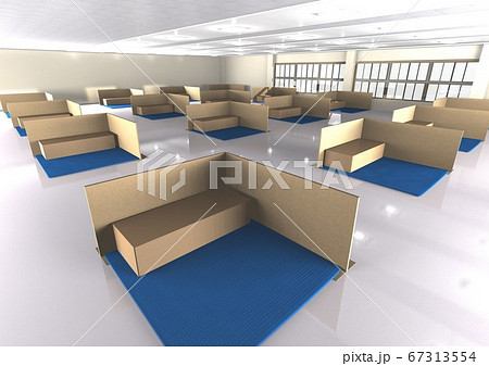 新型コロナウイルスなどでの感染症対策をとった避難所の3DCGイメージ 67313554