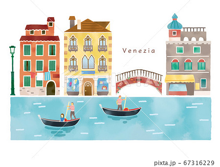 イタリアのおしゃれな街と運河のイラストセットのイラスト素材