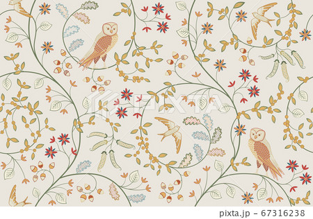 Vintage birds in foliage with flowers seamless pattern on light background. Middle ages William Morris style. Vector illustration. Vintage birds in foliage with flowers seamless pattern on light background. Middle ages William Morris style. Vector illustration. 67316238